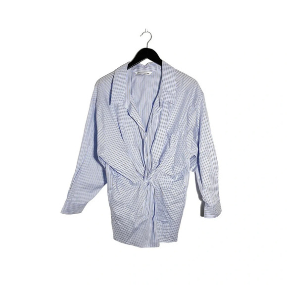 Zara Striped Button Up Shirt Off Shoulder Knot Front size M - Picture 2 of 6
